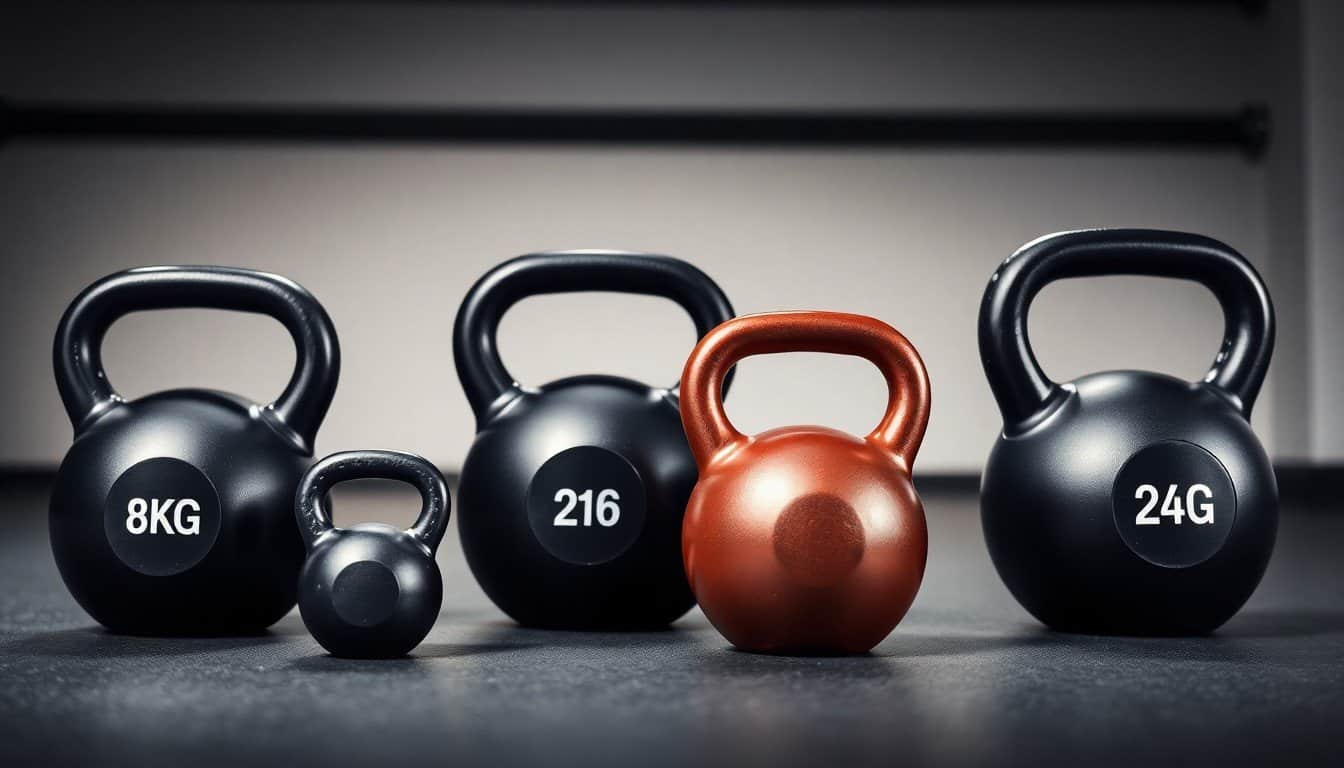 Různé velikosti kettlebellů pro trénink - 8kg, 12kg, 16kg a 24kg
